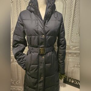 Sam Edelman Belted 3/4 Puffer w/Cinched Hood Coat Navy Blue